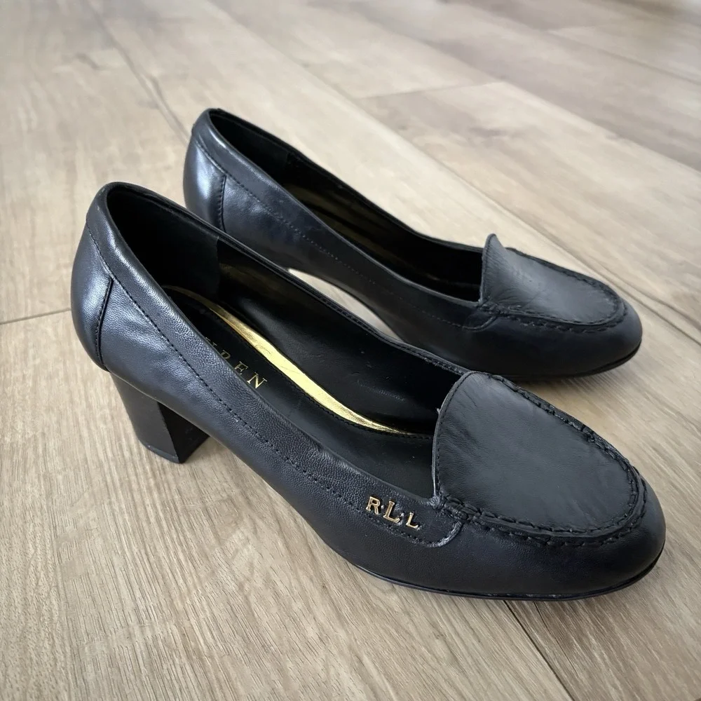 Lauren Ralph Lauren Black Round Toe Block Heel Pumps Women's Size 6B Slip On